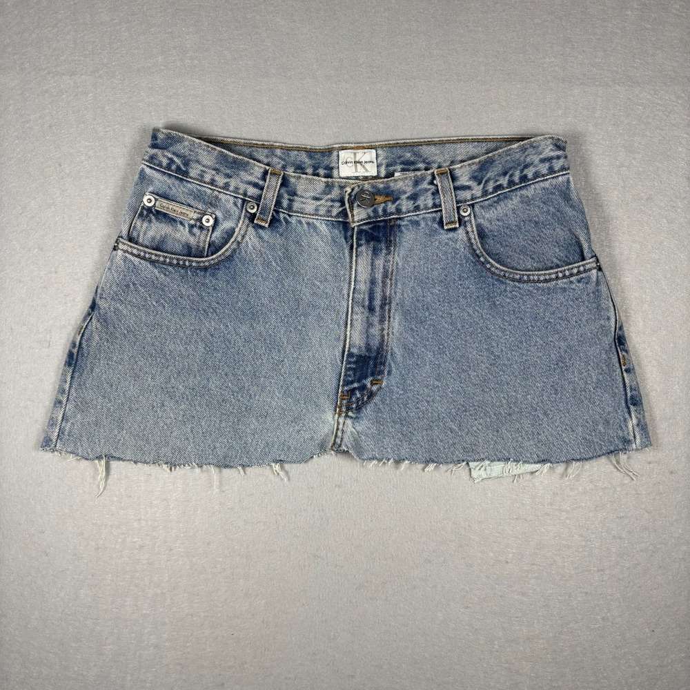 Vintage Calvin Klein Denim Micro Mini Skirt Frayed Hem Light Wash Blue Jean Y2Kโ